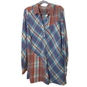 Soft Surroundings Women Ecru Multi Plaid Tunic LA‎ Pass Shirt Blouse Size 1X